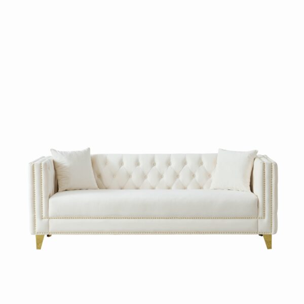 3 Seater Deep Seat Sofa, Sofa With Button Nailhead, Square Arm Couches, Furniture For Living Room - Beige
