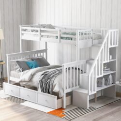 Twin Over Full Stairway Bunk Bed With Drawer, Storage And Guard Rail For Bedroom - White