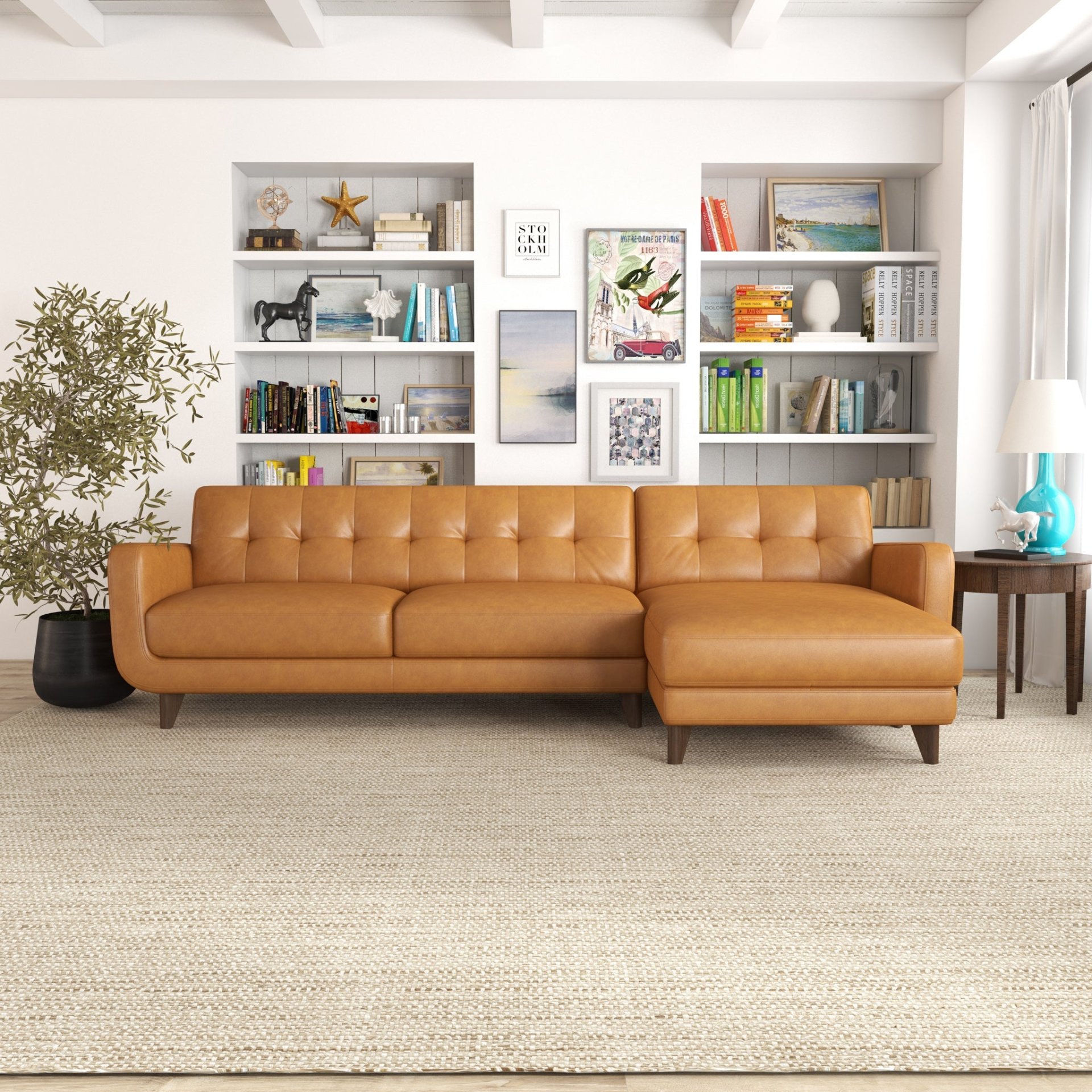 Allison - Right Facing Leather Sectional Sofa - Tan - Image 4