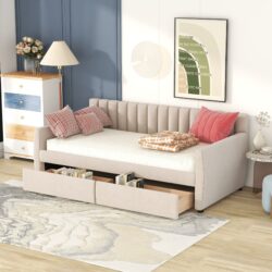 Twin Size Upholstered Daybed & Drawers, Slat Support - Beige