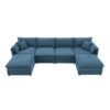 Chenille Modular Sectional Sofa, U Shaped Cloud Couch Set With Double Cushions, 6 Seat Sleeper Sofa Bed With Ottomans, Oversized Indoor Furniture - Blue - Image 2