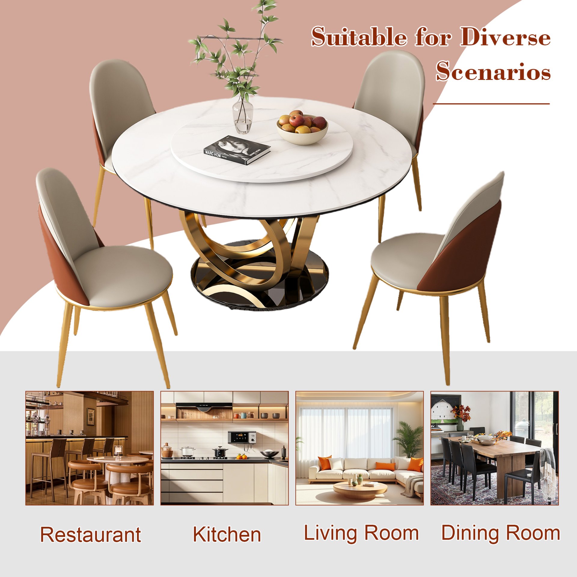 Round Dining Table With 360° Smooth Lazy Susan Stain / Heat - Gold / Black / White - Image 17