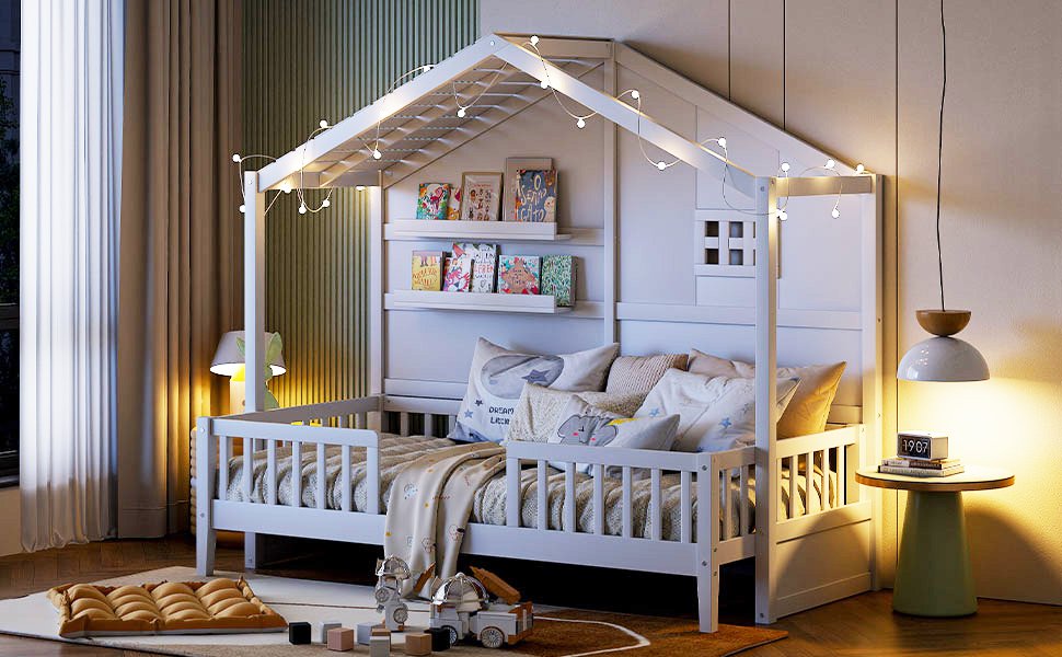 Twin Size House Bed With Shelves, Window And Sparkling Light Strip On The Roof - White - Image 19