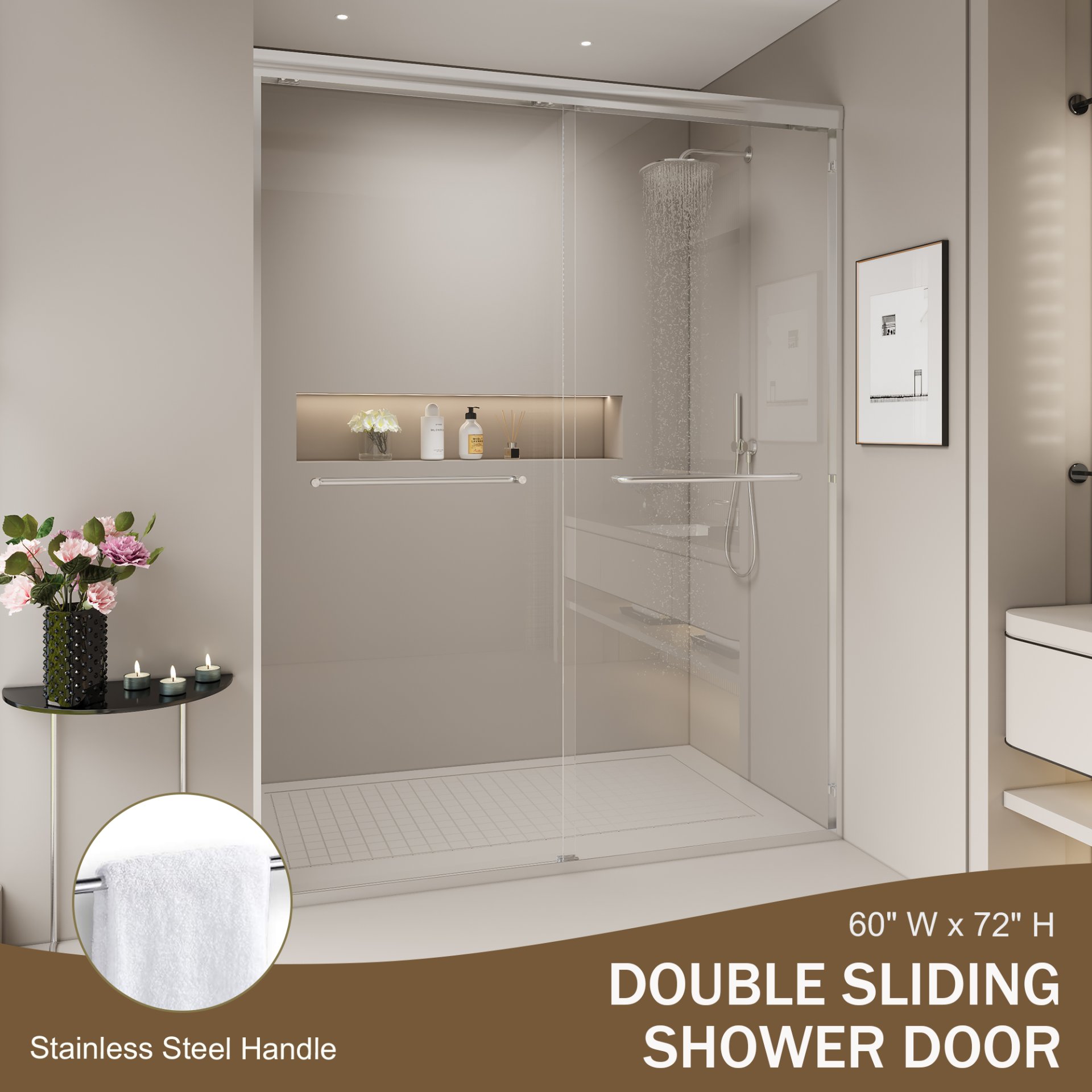Double Sliding Shower Door, Semi Frameless Bypass Bathroom Sliding Door With 1 / 4" (6Mm) Tempered Glass For Walk In Shower - Chrome - Image 5