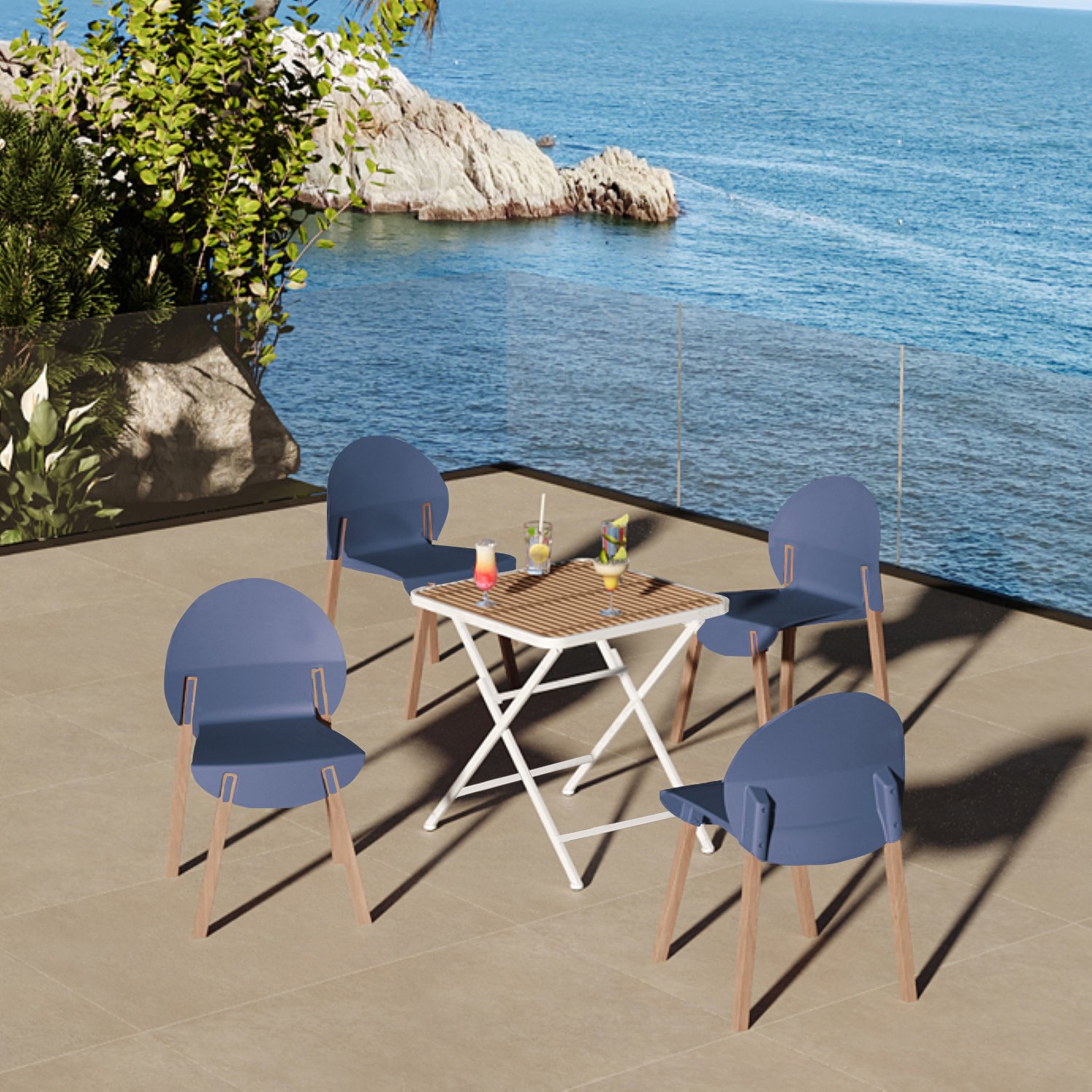 4 Piece Set Of Single Chairs With A Folding Square Table - Grey Blue / Khaki / White - Image 2