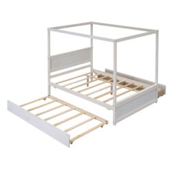 Full Size Canopy Platform Bed With Trundle Bed And 2 Drawers, Support Slats, No Box Spring Needed - Brushed White