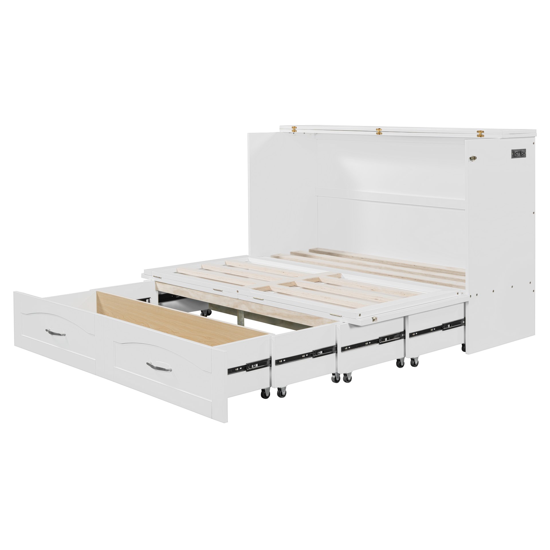 Queen Size Murphy Wall Bed With Drawer And A Set Of Sockets & USB Ports, Pulley Structure Design - White - Image 6