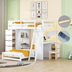 Twin Over Twin Bunk Bed With LED Light And USB Ports - White