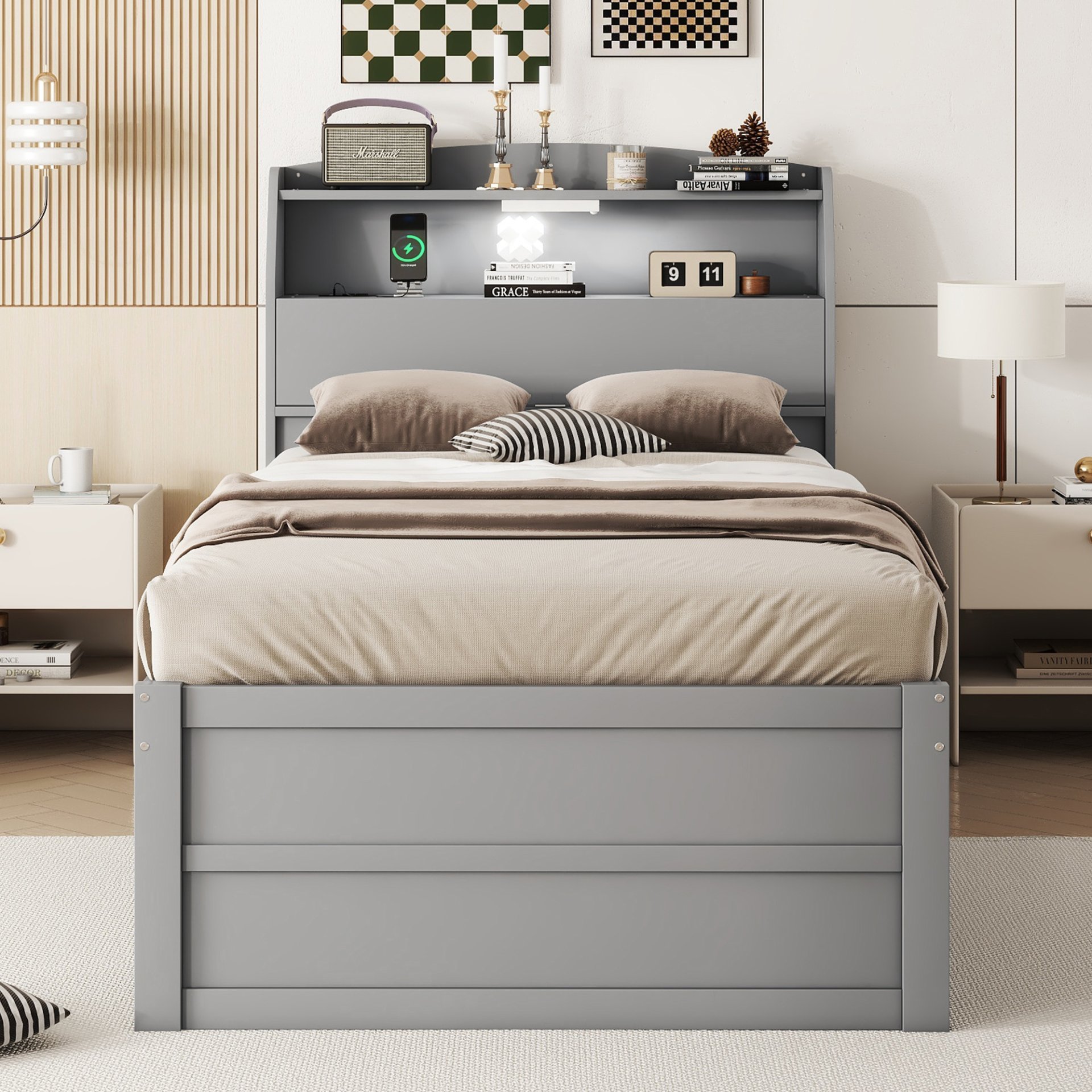 Twin Size LED Platform Bed With Trundle With Storage Headboard With Drawers - Gray - Image 3