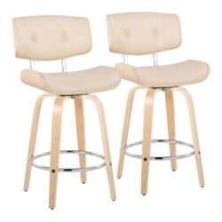 Lombardi - Mid-Century Modern Fixed Height Counter Stool With Swivel With Round Footrest (Set of 2) - Natural / Cream
