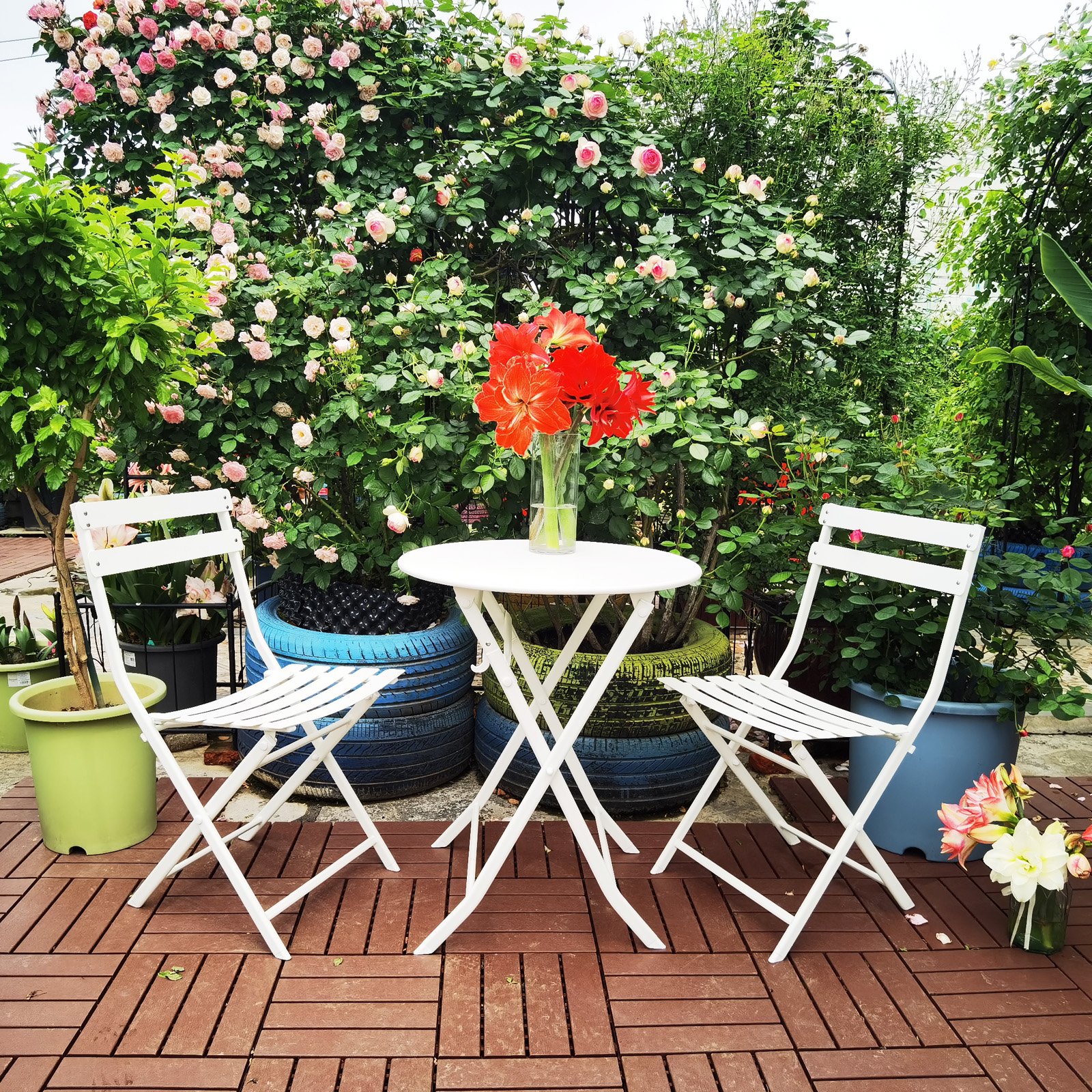 3 Piece Patio Bistro Set Of Foldable Round Table And Chairs - White - Image 2