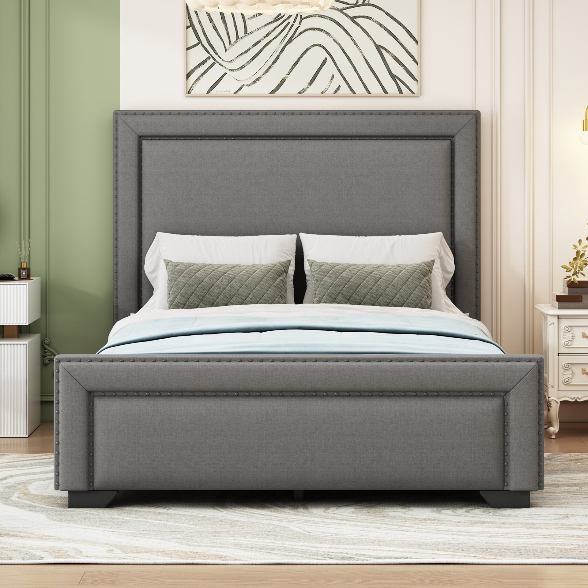 Queen Size Upholstered Bed With Slats Support, No Box Spring Needed - Gray - Image 2