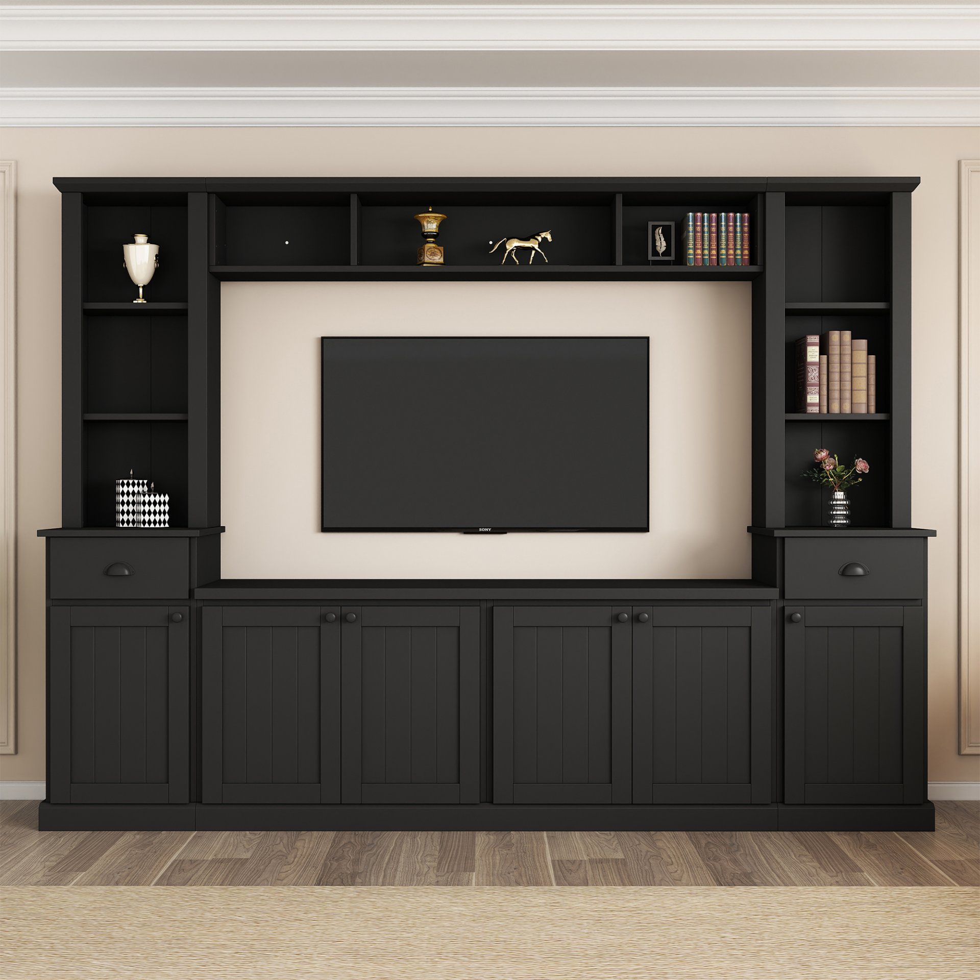 Minimalist - Entertainment Wall Unit Set With Bridge For TVs Up To 75", Ample Storage Space TV Stand With Adjustable Shelves - Black - Image 4
