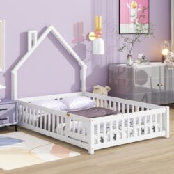 Full House-Shaped Headboard Floor Bed With Fence - White