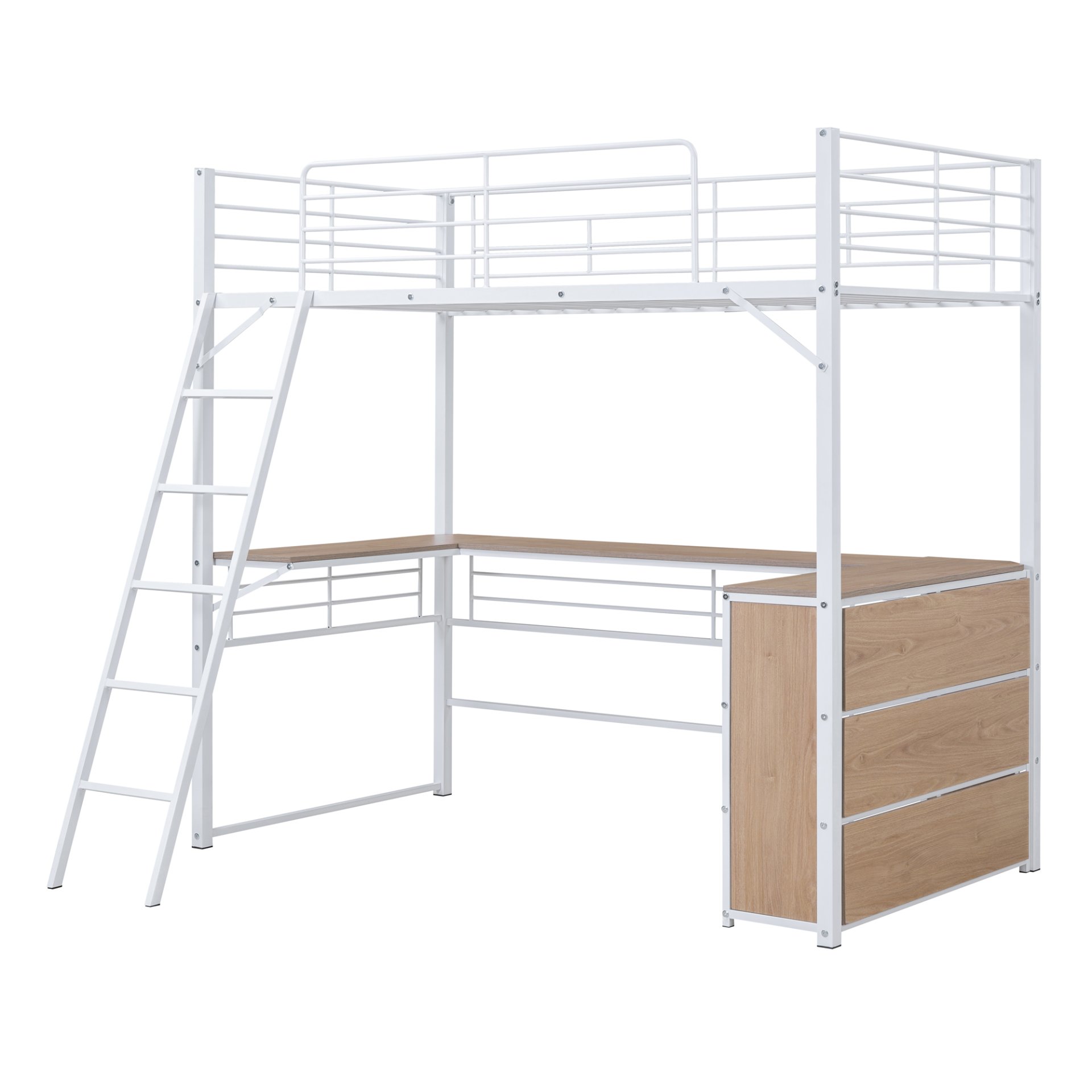 Twin Size Loft Bed With 3 Layers Of Shelves And L-Shaped Desk - White - Image 8