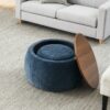 Round Storage Ottoman With 2 In 1 Function As End Table And Ottoman, Eucalyptus Wood And Foam - Dark Blue - Image 6