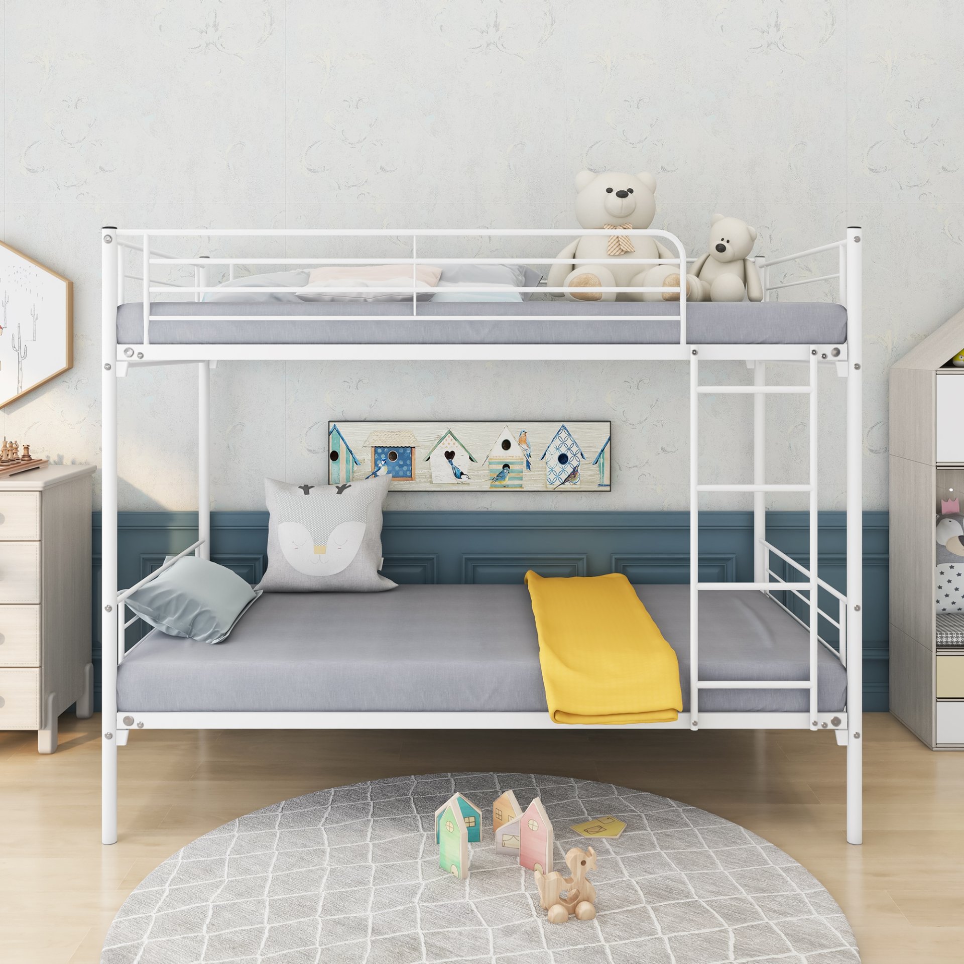 Twin Over Twin Bunk Bed With Metal Frame And Ladder, Space Saving - White - Image 5