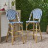 Outdoor Rattan French Barstool Set,, Bamboo, Seat Height - Navy Blue / White - Image 2