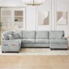 Modern U Shaped Sectional Sofa With Movable Ottoman And Side Storage Pockets Corduroy - Gray - Image 5