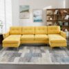 Modern Velvet L - Shape Convertible Sectional Sofa With Movable Ottoman - Yellow - Image 3