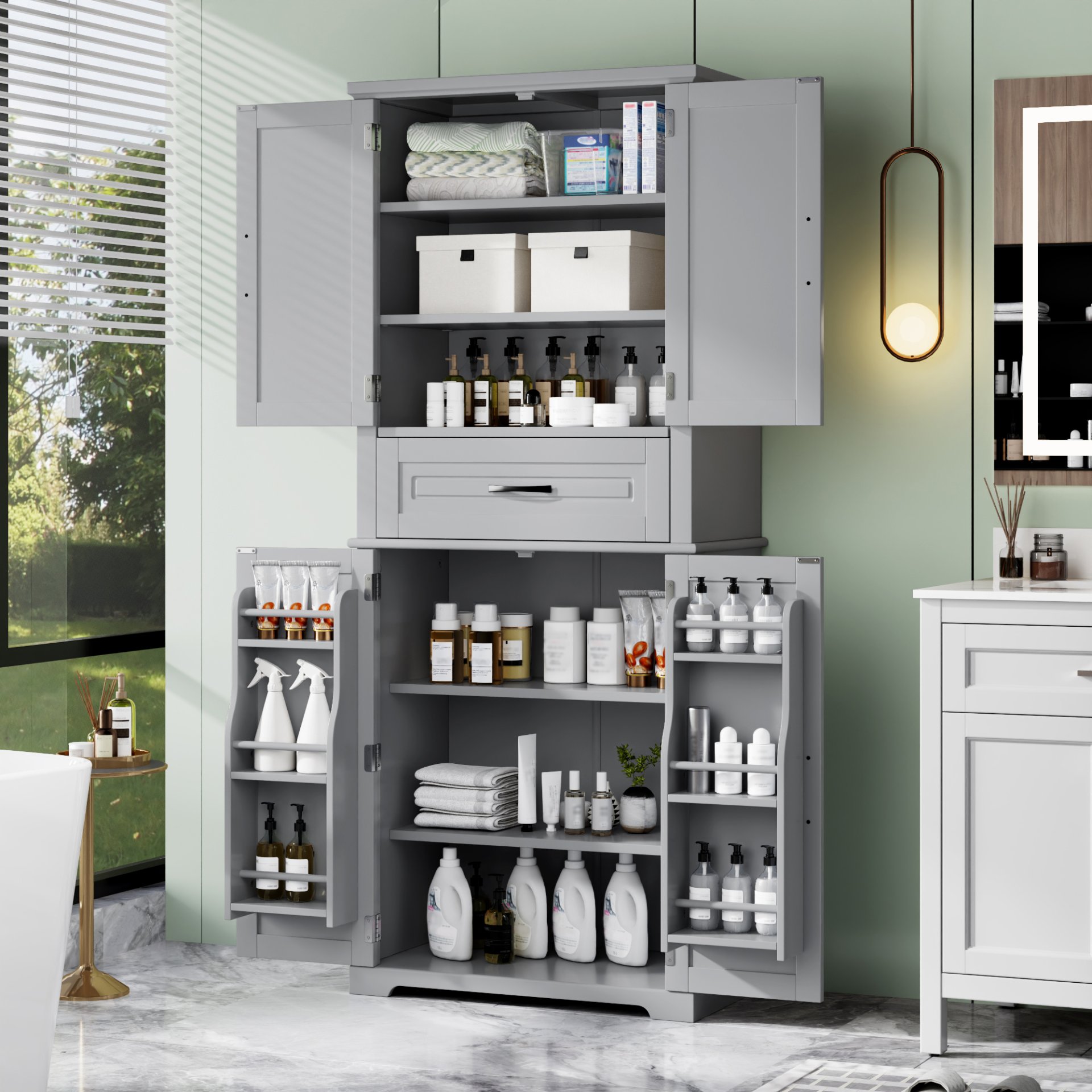 Bathroom Storage Cabinet With Multi Functional Storage Space, Material, Adjustable Shelf, Slide Rail Drawer - Gray - Image 6