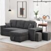 Reversible Sleeper Sectional Sofa Bed With Side Shelf And 2 Stools, Pull-Out L-Shaped Sofa Bed, Corner Sofa-Bed With Storage Chaise Left / Right Hande For Living Room - Blue / Black - Image 3
