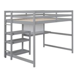 Full Size Loft Bed With Shelves, Desk And Writing Board - Gray
