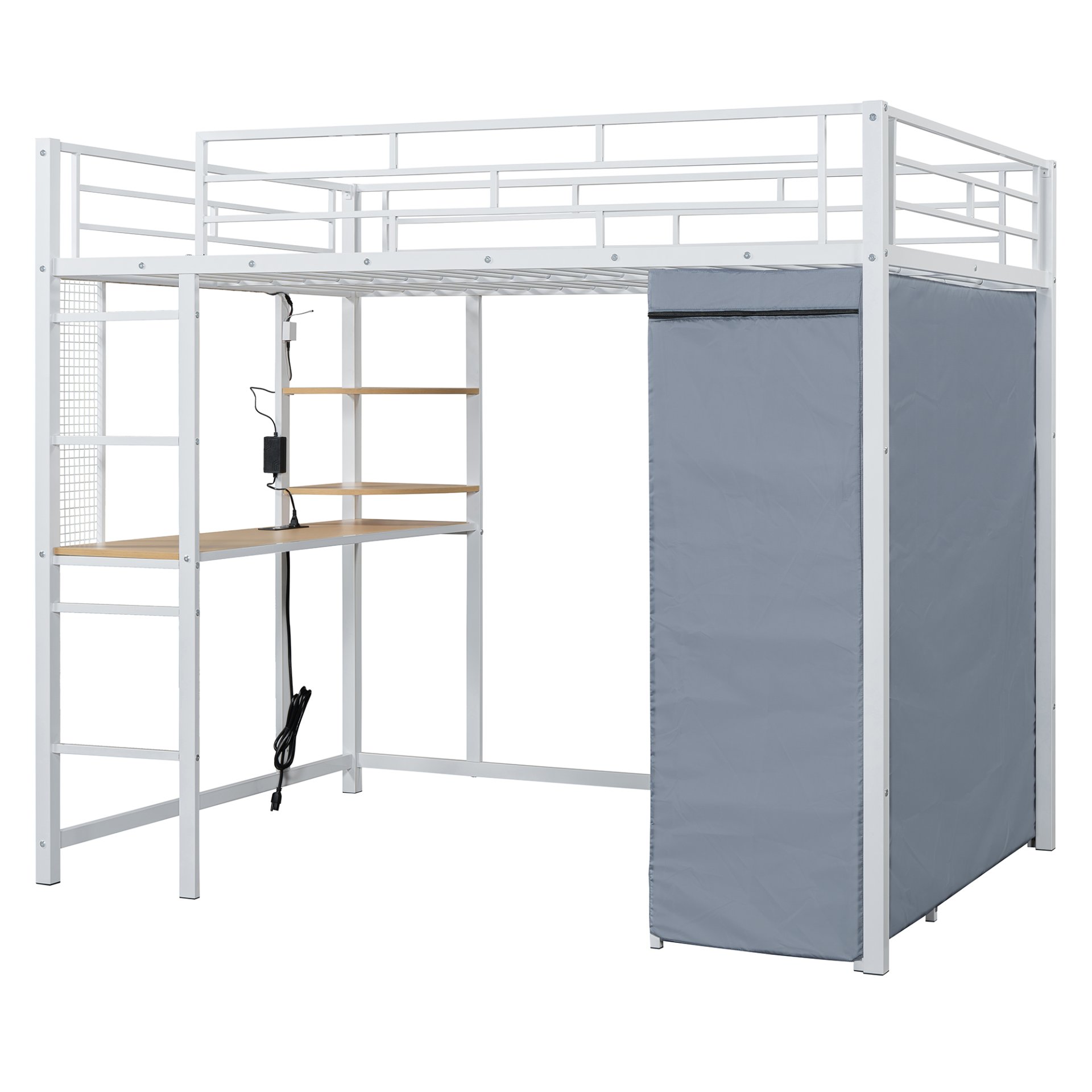 Full Size Loft Bed With Desk, Shelves, Power Outlet, LED Light And Wardrobe - White - Image 22