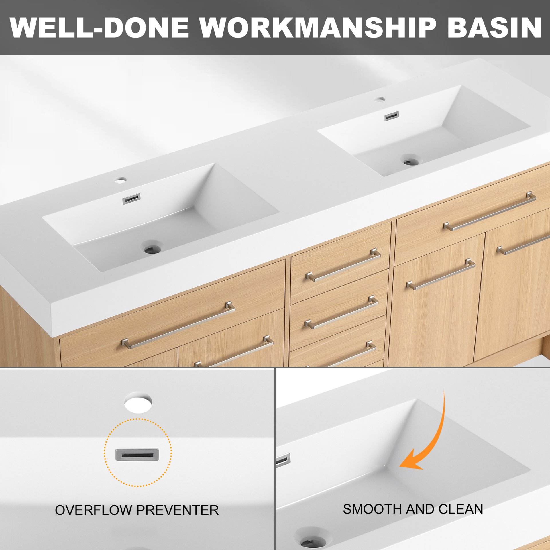 72" Freestanding Bathroom Vanity With Double Resin Sink Plywood Construction - Oak - Image 7