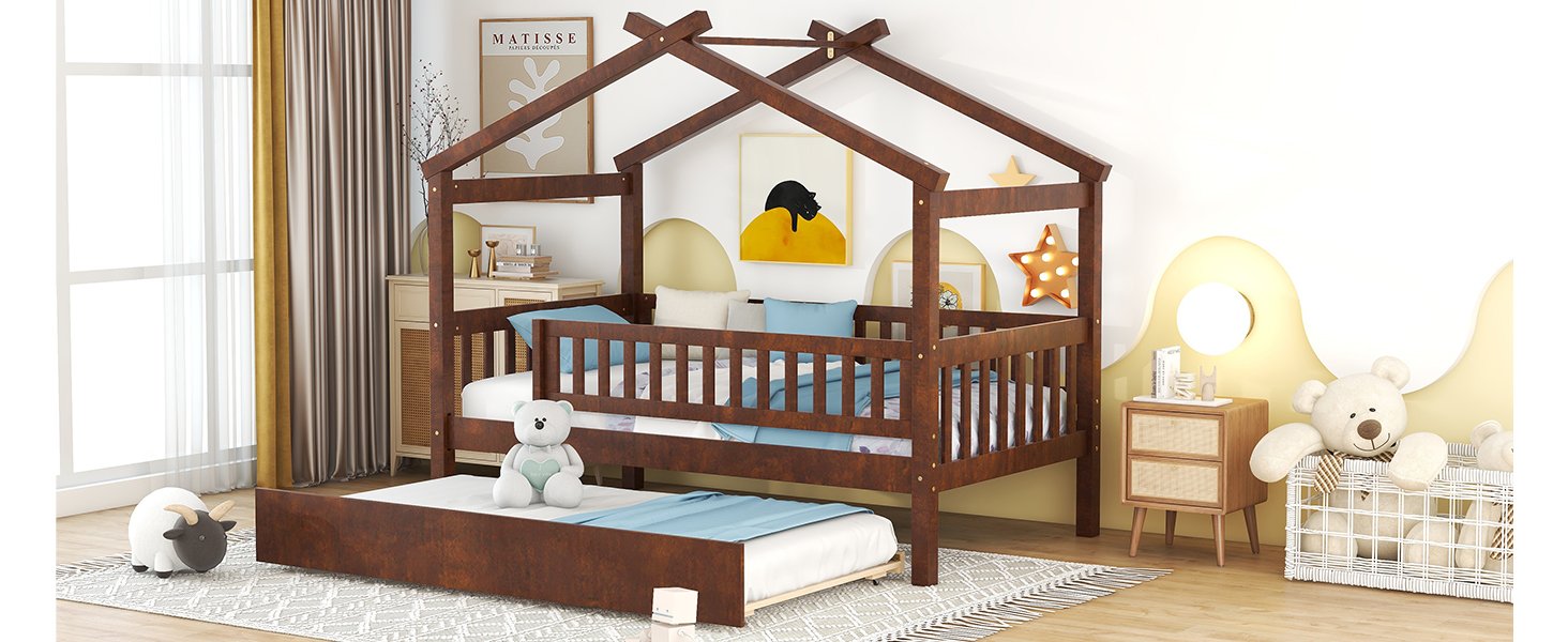 Twin Size House Bed & Twin Size Trundle - Walnut - Image 15