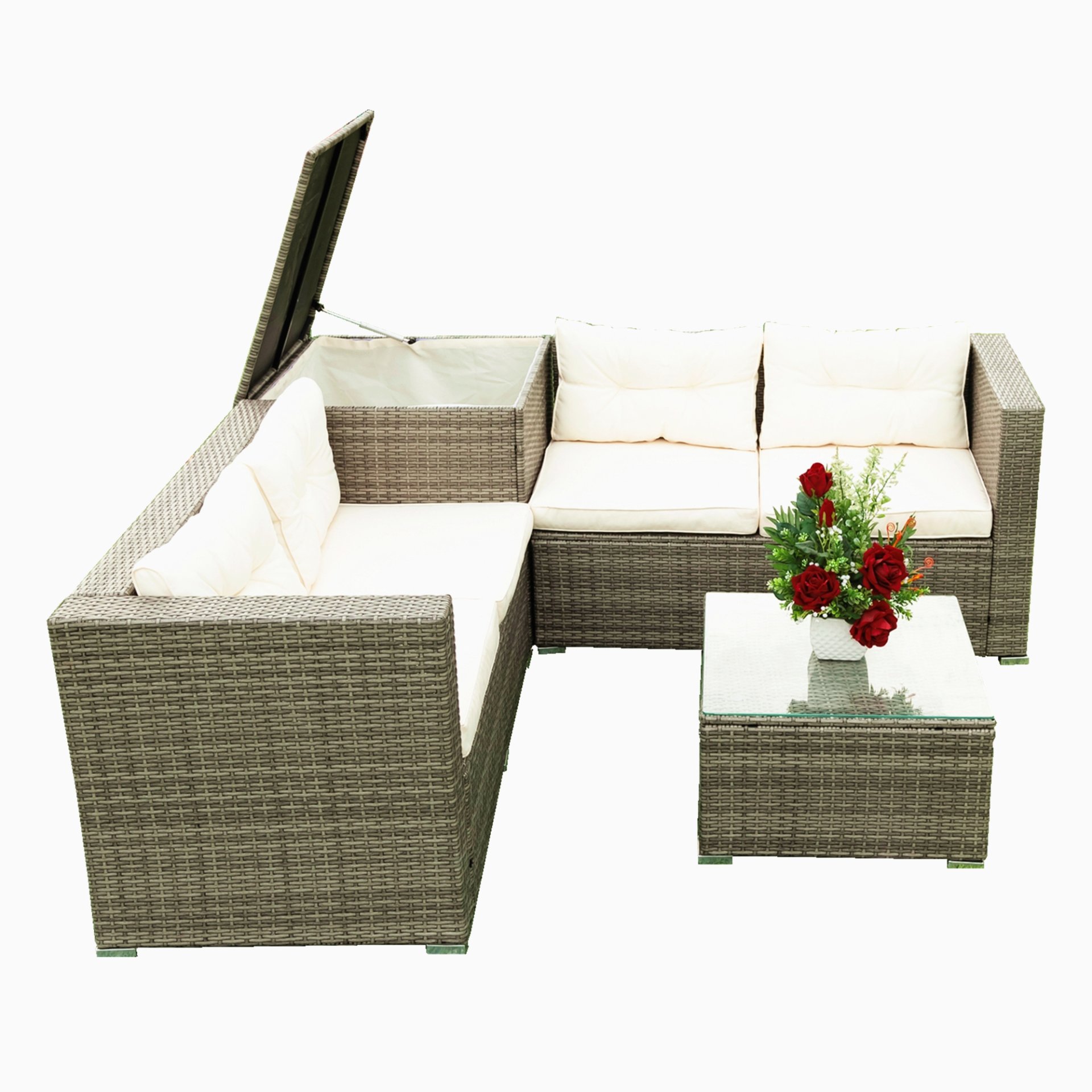 4 Piece Patio Sectional Wicker Rattan Outdoor Furniture Sof Set With Storage Box - Gray / Creme - Image 9