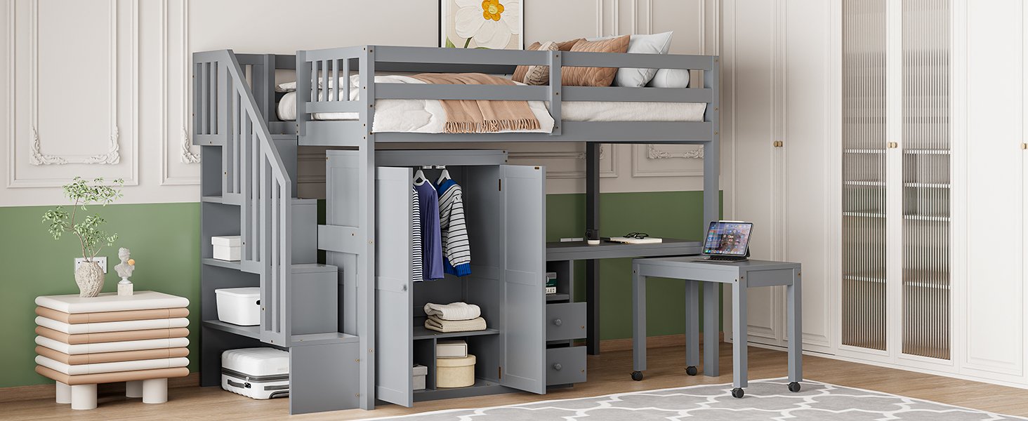 Twin Size Loft Bed With Stairs, Bookshelf, Drawers, Desk & Wardrobe, Space Saving Multifunctional Furniture - Gray - Image 21