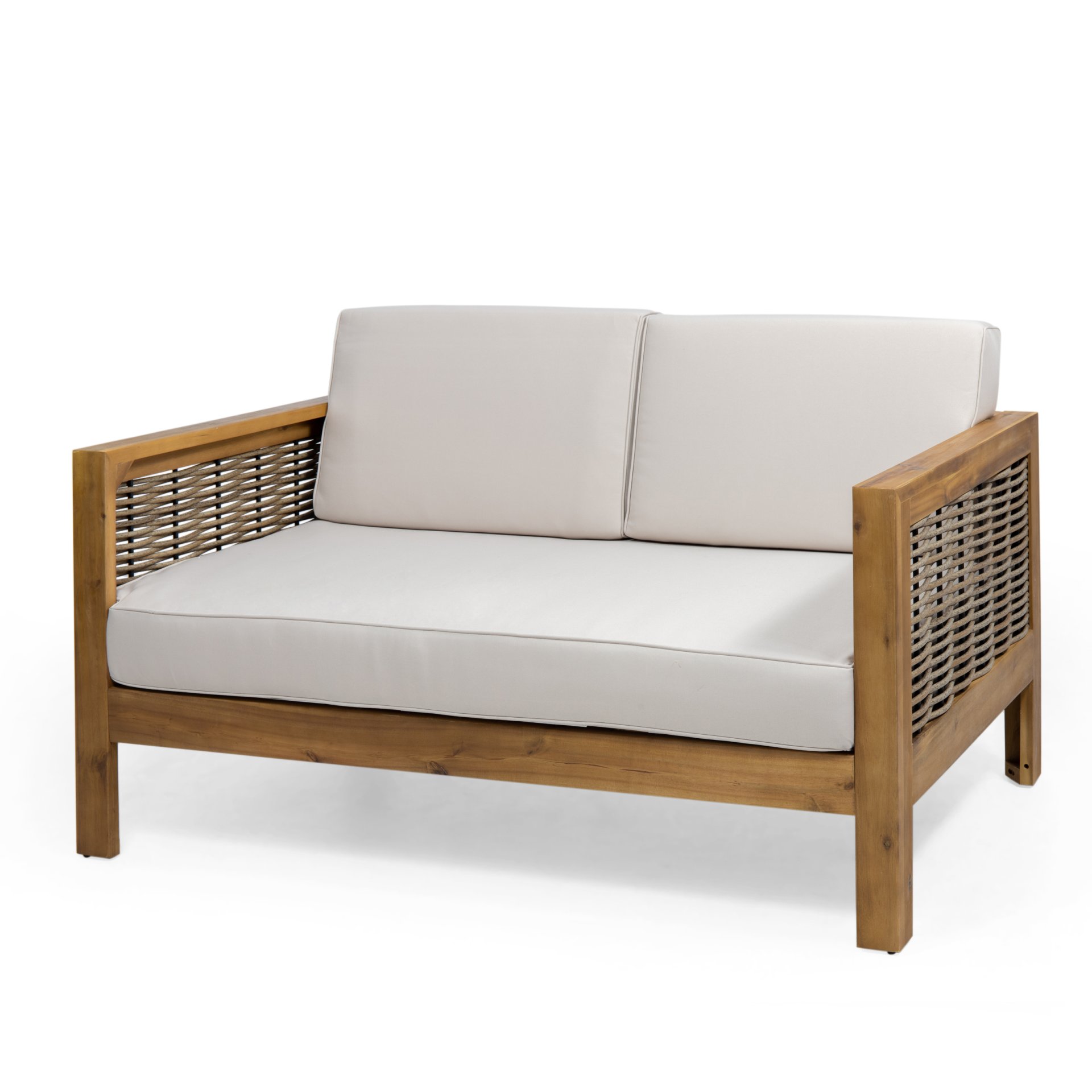 Outdoor 4 Seater Acacia Wood Chat Set With Wicker Accents And Cushions - Teak / Mixed Brown / Beige - Image 9