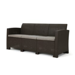 Outdoor 3 Seater Rattan Sofa With Water Resistant Cushions - Brown / Mix Beige