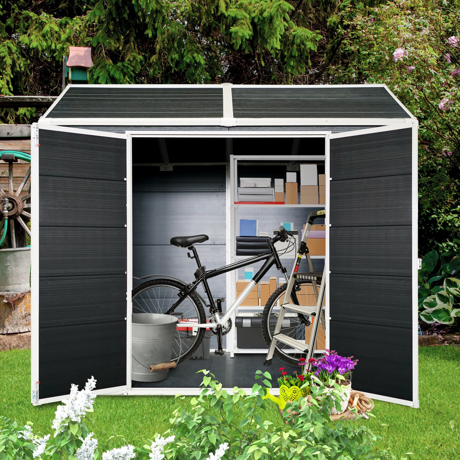 Resin Outdoor Storage Shed With Two-Window And Double-Door, Plastic Shed With Floor For Gargen, Patio, Yard, Lawn - Black - Image 4