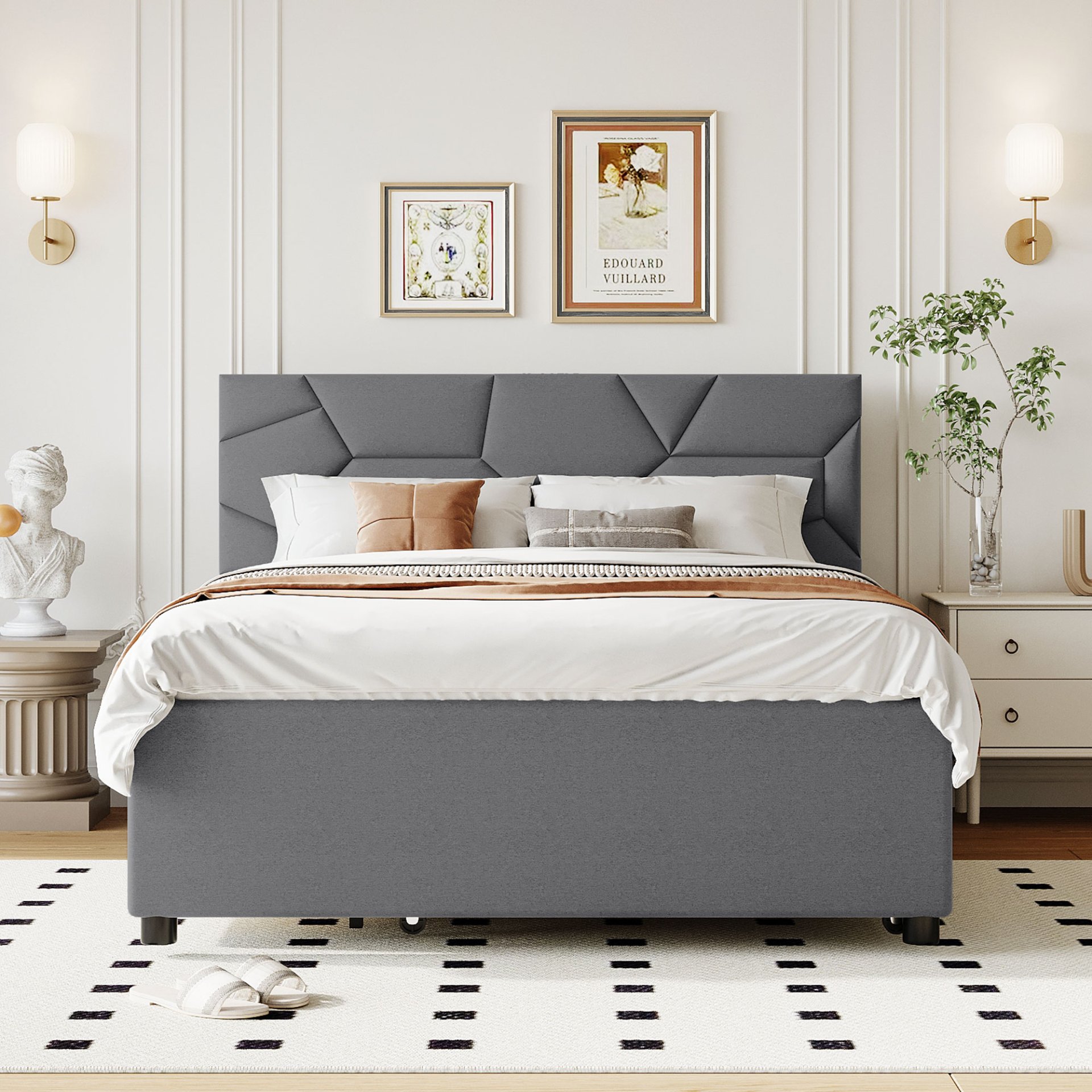 Full Size Upholstered Platform Bed With Brick Pattern Headboard, With Twin Size Trundle And 2 Drawers - Gray - Image 2
