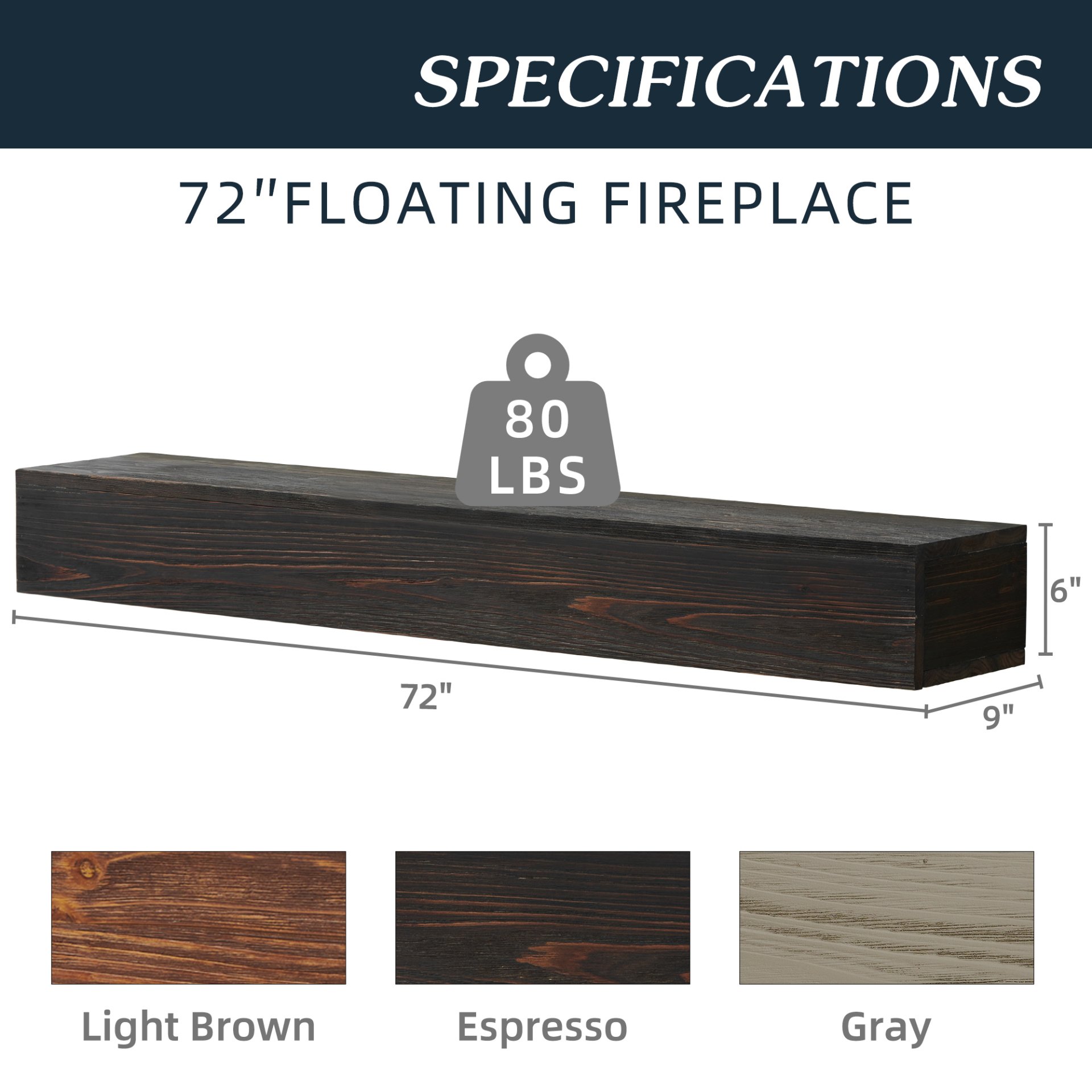 72" Rustic Wood Fireplace Mantel, Wall-Mounted & Floating Shelf For Home Decor - Espresso - Image 8