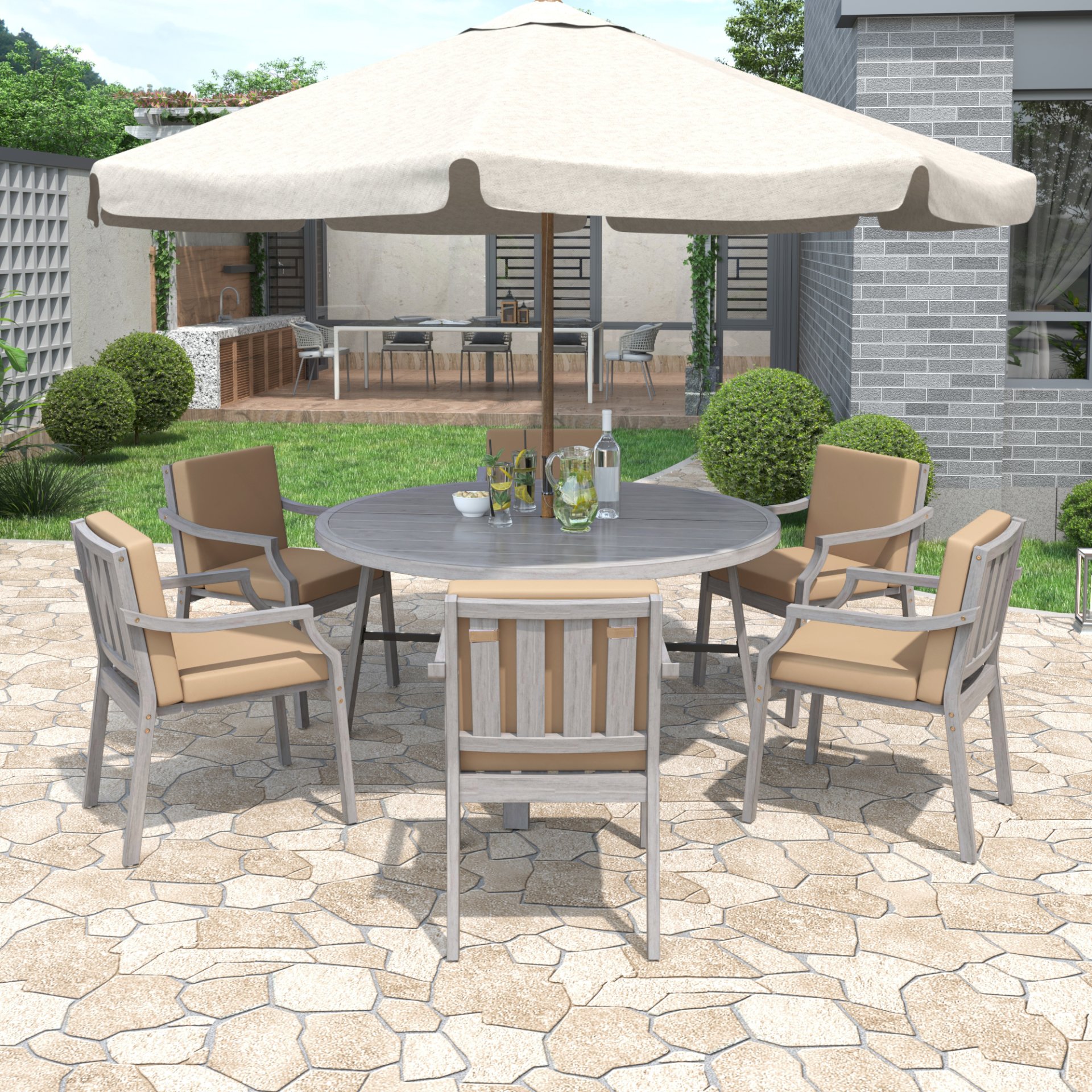 6 Person Outdoor Wooden Dining Set With Umbrella Hole And Removable Cushions For Patio - Gray - Image 2