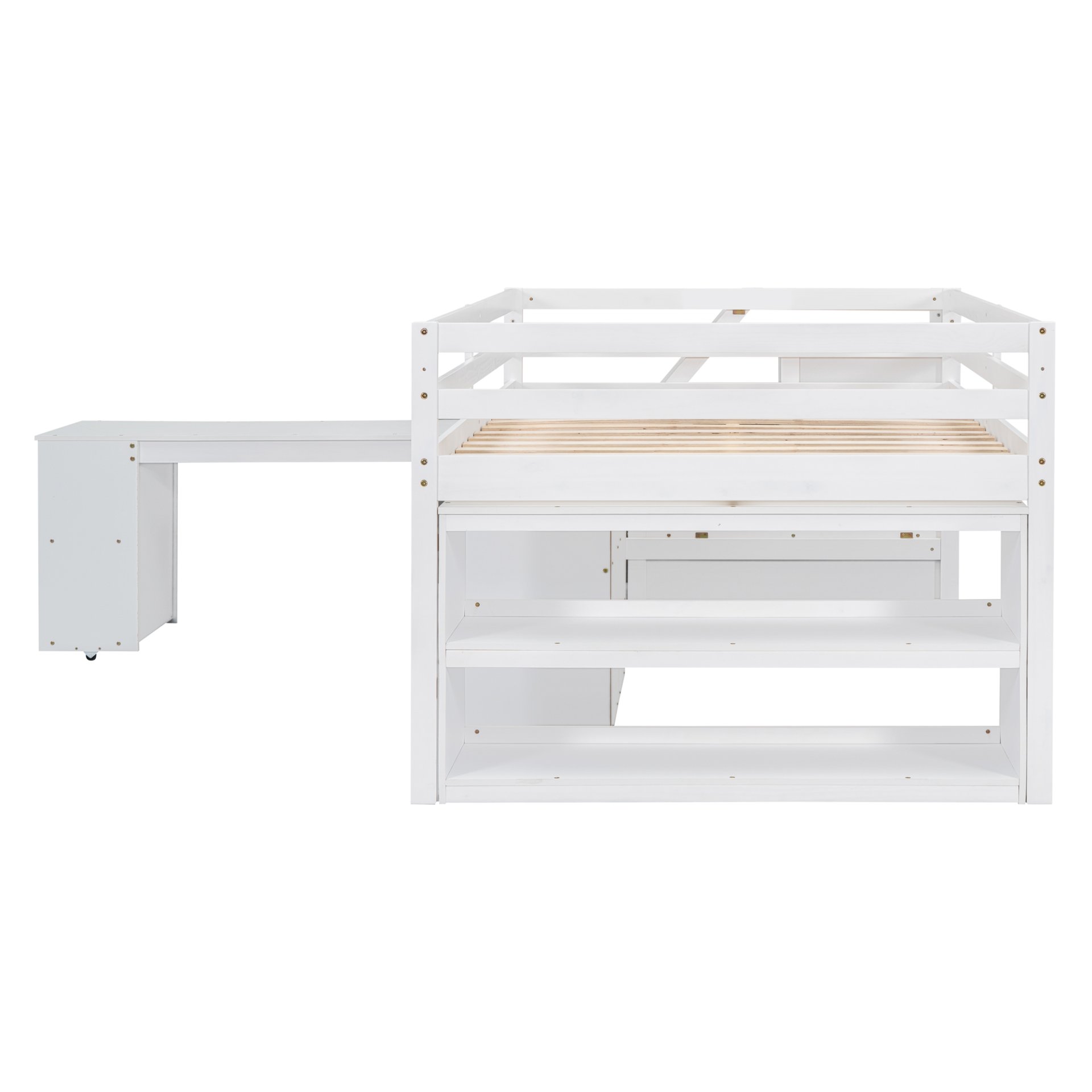 Full Size Loft Bed With Retractable Writing Desk And 3 Drawers With Storage Stairs And Shelves - White - Image 10