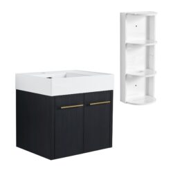 Modern Wall Mounted Bathroom Vanity, Thick Edged Resin Sink And Storage Rack Plywood - Black Chestnut