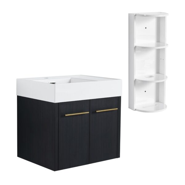 Modern Wall Mounted Bathroom Vanity, Thick Edged Resin Sink And Storage Rack Plywood - Black Chestnut