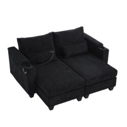 Convertible Chaise Lounge Loveseat Sofa Bed With USB Ports, Cup Holders, Phone Holder & Storage - Black