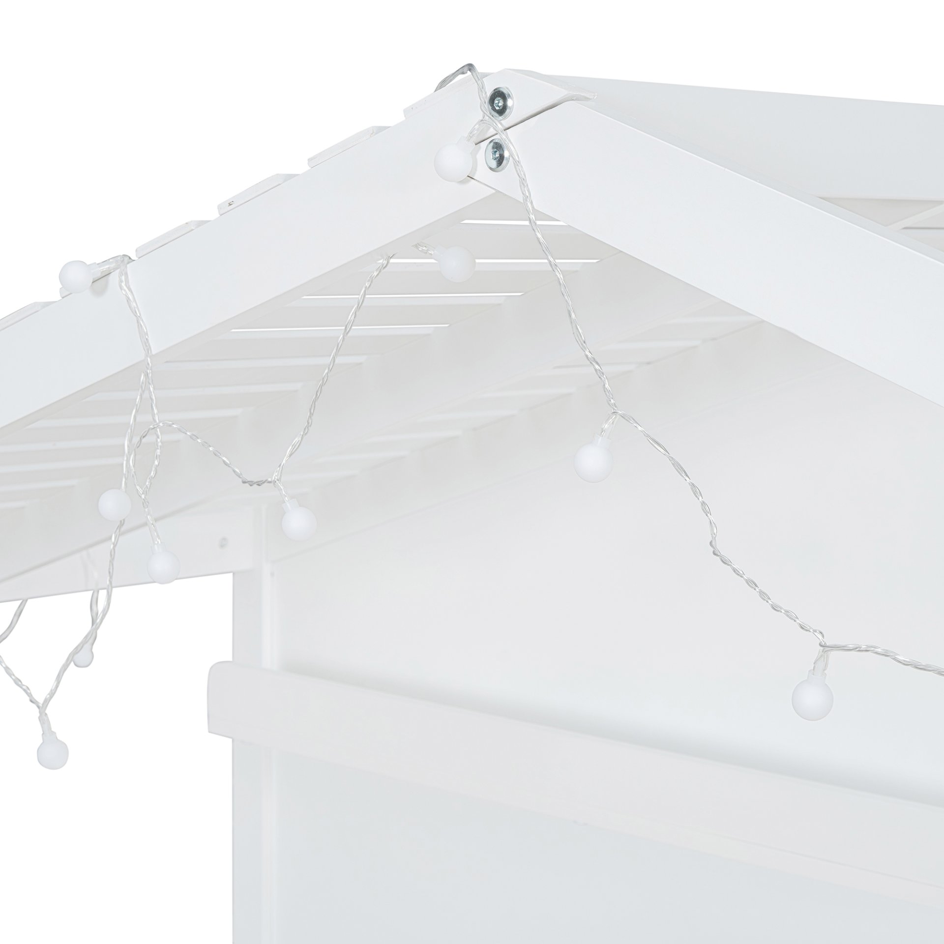 Twin Size House Bed With Shelves, Window And Sparkling Light Strip On The Roof - White - Image 15