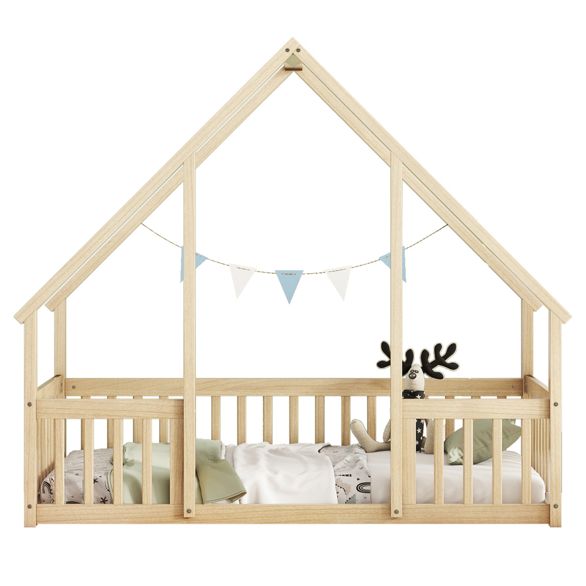 Twin Wood House-Shaped Floor Bed With Fence, Guardrails - Natural - Image 13