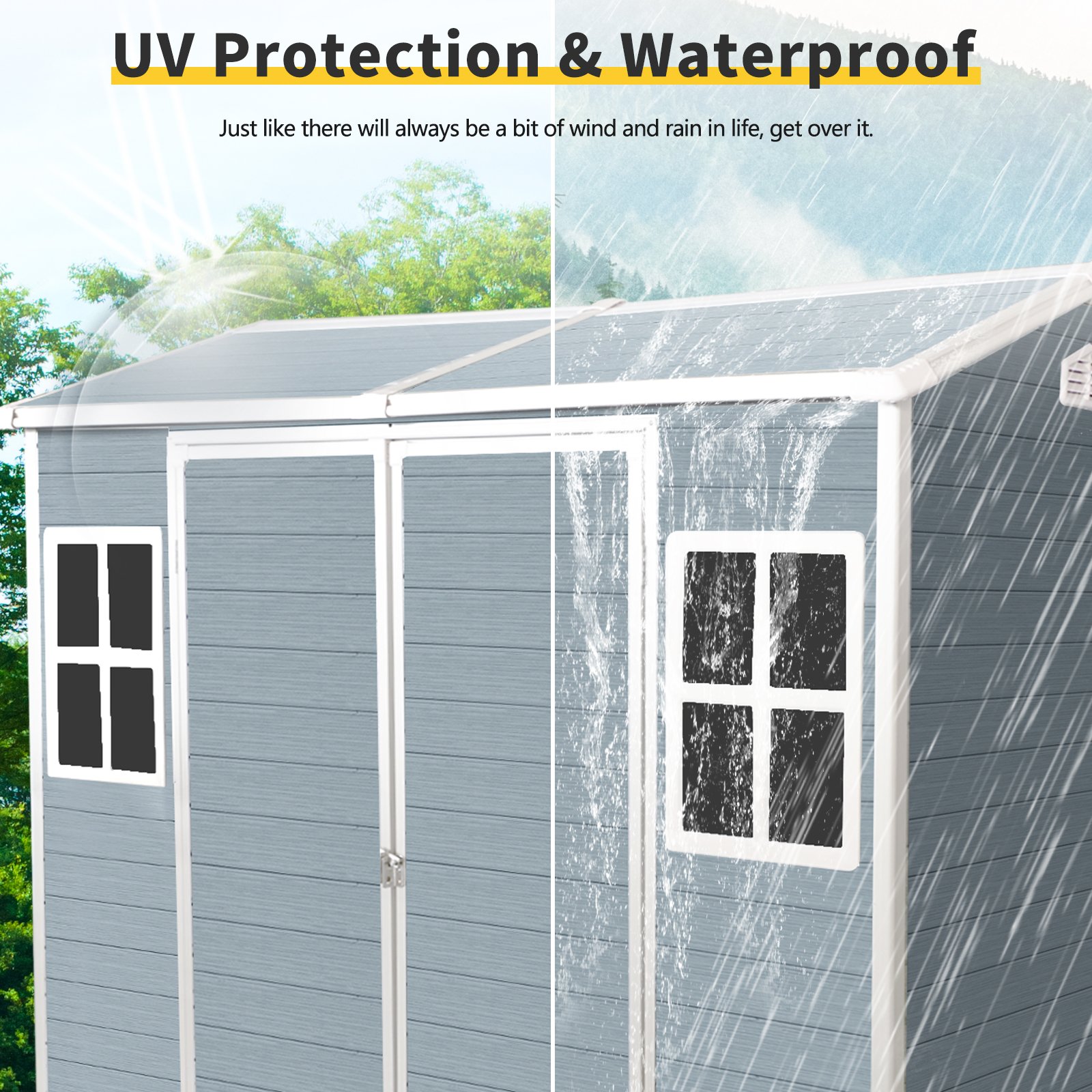 8 X 4Ft Resin Outdoor Storage Shed With Two - Window And Double - Door, Plastic Shed With Floor For Gargen, Patio, Yard, Lawn - Gray - Image 7