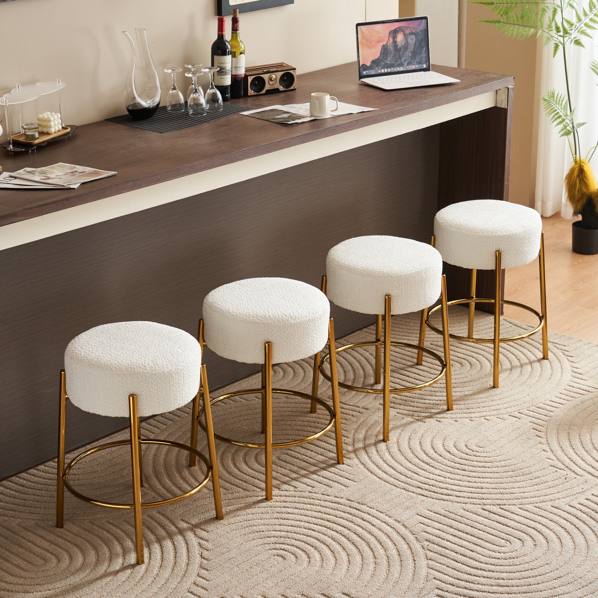 Round Bar Stools (Set of 2), Contemporary Upholstered Dining Stools For Kitchens, Coffee Shops And Bar Stores - White / Gold - Image 2