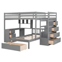 Full Over Twin Bunk Bed With Desk, Drawers And Shelves - Gray