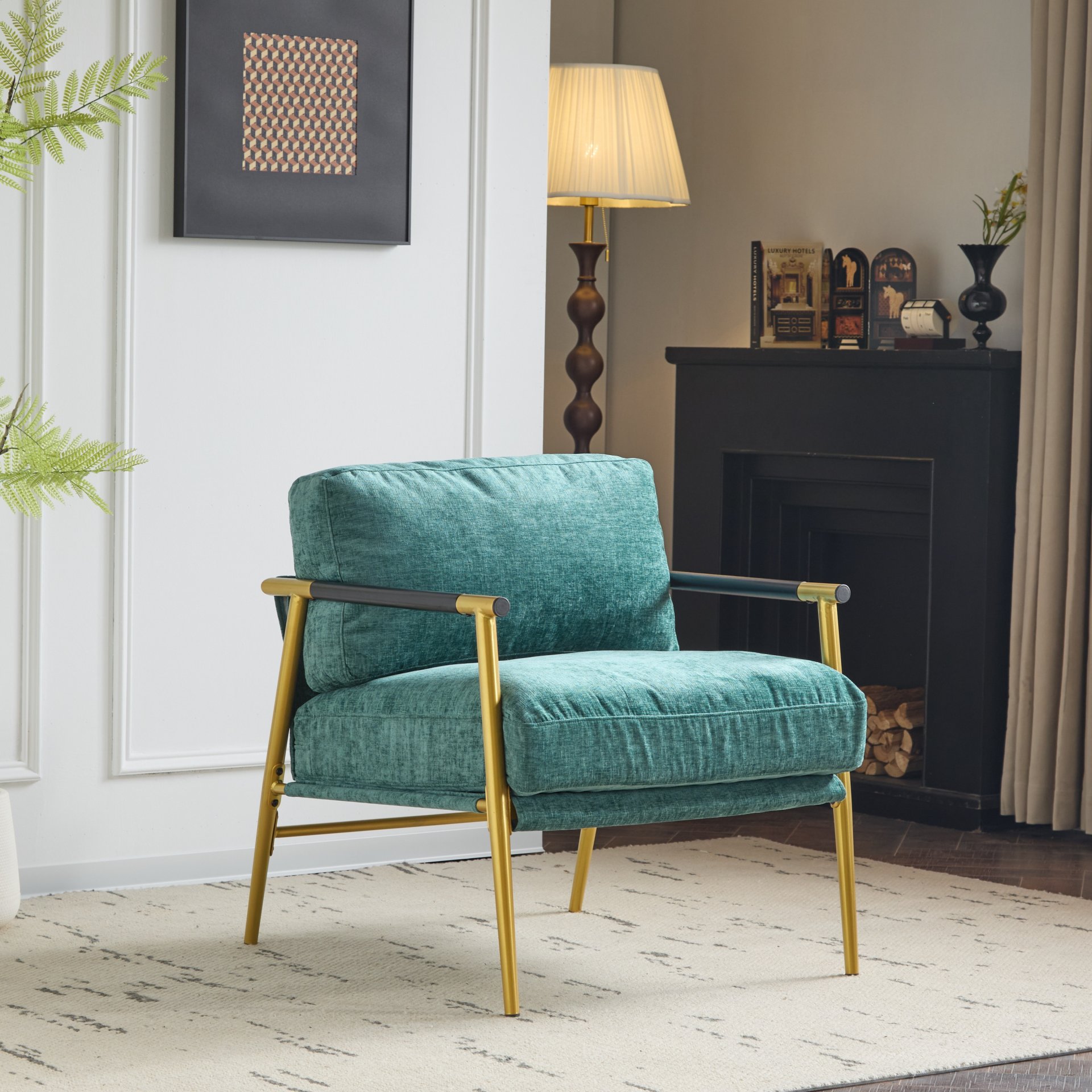 Modern Accent Chair With Plush Cushions, Metal Frame, Wooden Armrests Cozy Seating For Living Room, Bedroom, Office - Gold / Teal Blue - Image 2