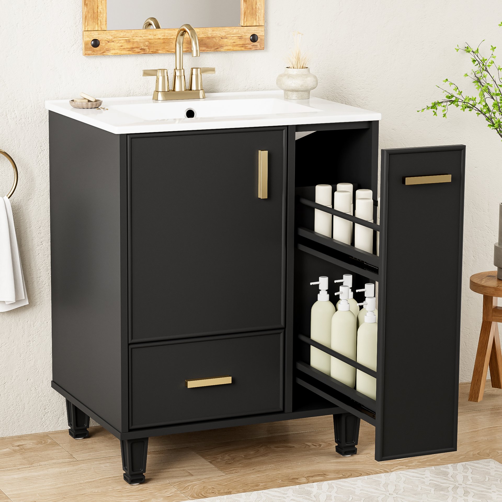 Modern Solid Wood And 24" Bathroom Vanity With Sink, Deep Drawer, Door Shelf, 2 Tier Basket - Black - Image 5