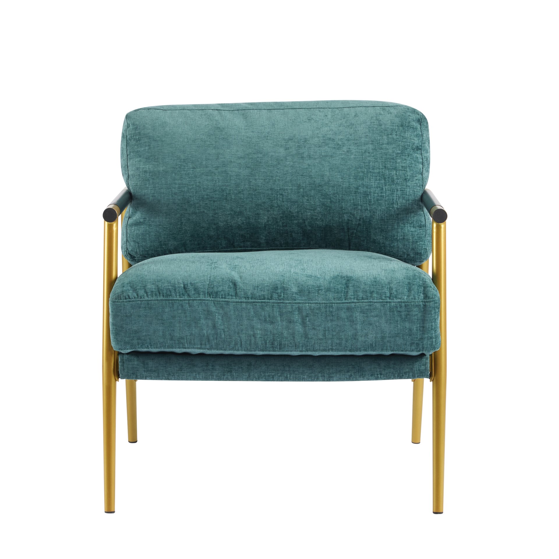 Modern Accent Chair With Plush Cushions, Metal Frame, Wooden Armrests Cozy Seating For Living Room, Bedroom, Office - Gold / Teal Blue - Image 7